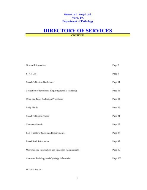 DIRECTORY OF SERVICES - Memorial Hospital
