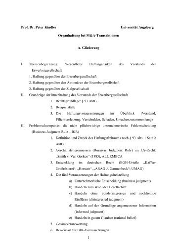 1 Prof. Dr. Peter Kindler UniversitÃ¤t Augsburg Organhaftung bei M ...