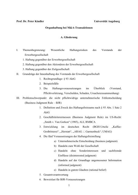 1 Prof. Dr. Peter Kindler UniversitÃ¤t Augsburg Organhaftung bei M ...