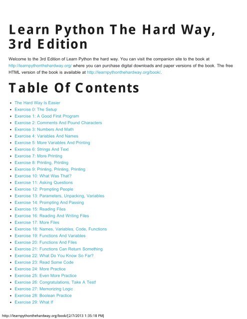 Learn Python The Hard Way, 3rd Edition Table Of Contents