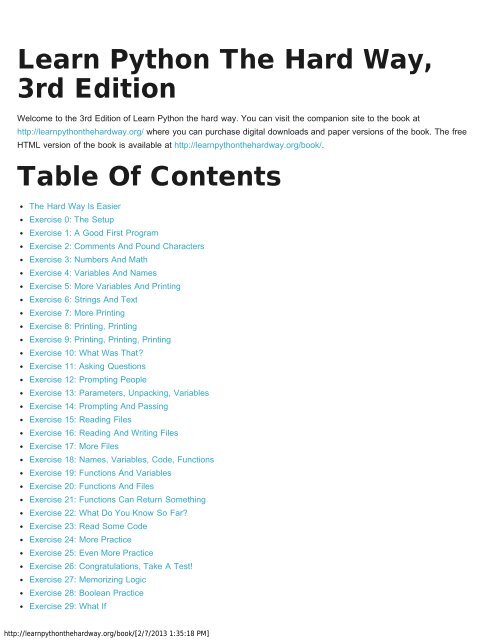 Learn Python The Hard Way, 3rd Edition Table Of Contents