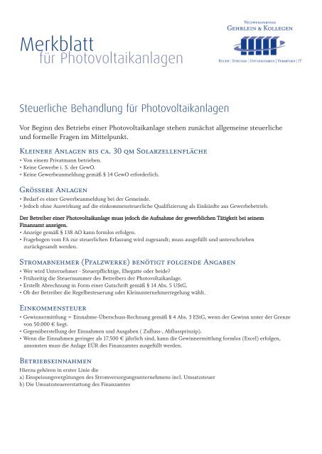 Merkblatt - steuerliche Behandlung von Photovoltaikanlagen