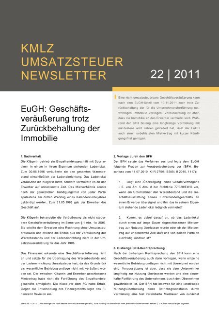 Umsatzsteuer Newsletter 22/2011 - KMLZ
