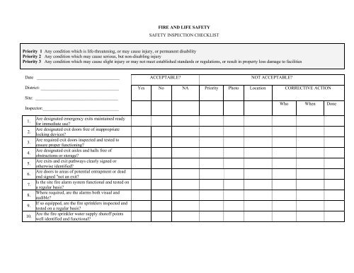 FIRE AND LIFE SAFETY SAFETY INSPECTION CHECKLIST ... - sipe