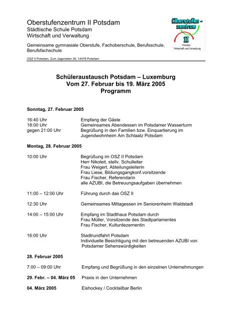 Programm des Besuchs in Potsdam vom 27.02. bis 19.03.2005