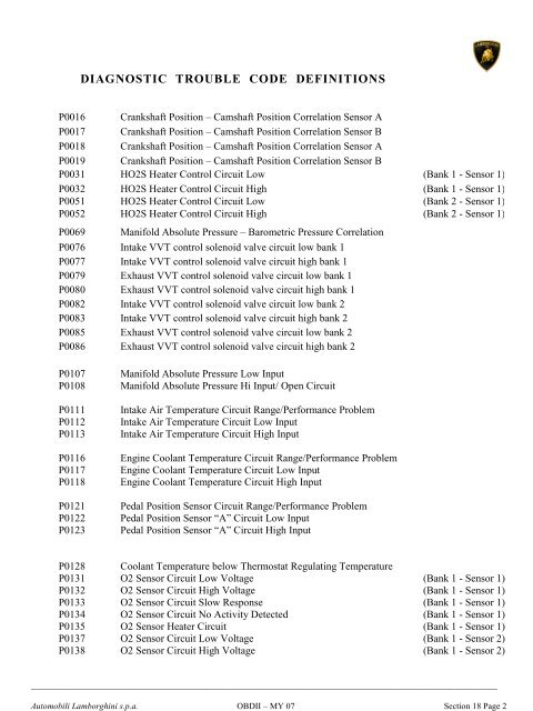 Fault Code Table - Automobili Lamborghini Holding Spa ...