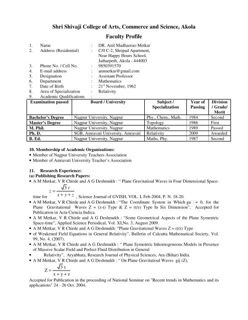 Staff Profile Metkar.pdf - Shri Shivaji College of Arts, Commerce ...