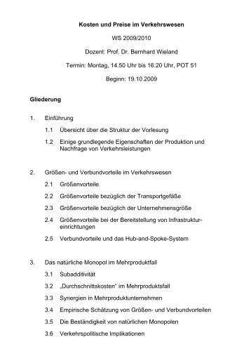 Gliederung der Vorlesung Kosten und Preise im Verkehrswesen ...