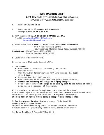 INFORMATION SHEET AITA LEVEL-III (ITF Level-I) Coaches Course