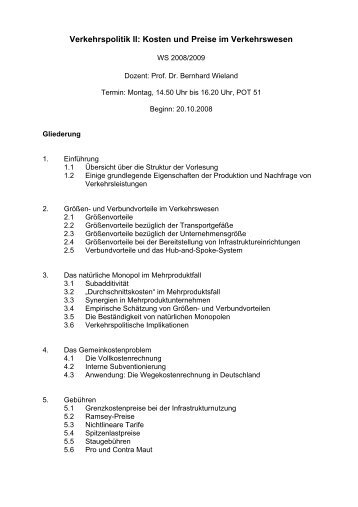 Gliederung der Vorlesung Kosten und Preise im Verkehrswesen ...