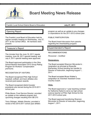 Board Meeting News Release - Franklin Local School District