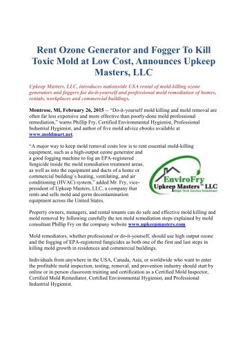 Rent Ozone Generator and Fogger To Kill Toxic Mold at Low Cost, Announces Upkeep Masters, LLC