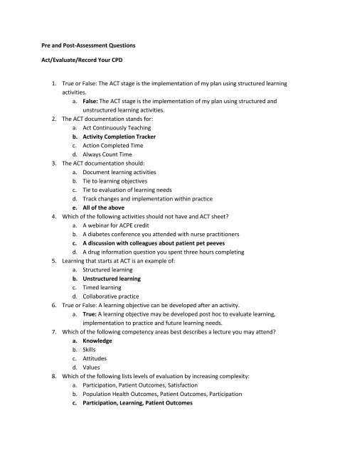 Pre and Post-Assessment Questions Act/Evaluate/Record Your CPD ...