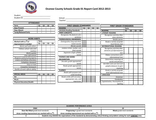 1st Grade Report Card - Oconee County Schools