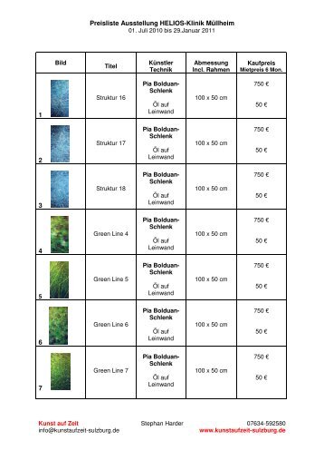 Preisliste HELIOS - Kunst auf Zeit - Sulzburg