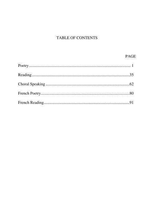 TABLE OF CONTENTS PAGE Poetry - Rainy River District Festival ...