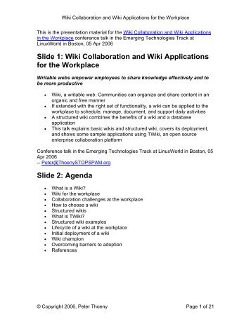 Slide 1: Wiki Collaboration and Wiki Applications for the ... - TWiki