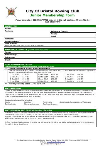 Junior club membership form (PDF) - City Of Bristol Rowing Club