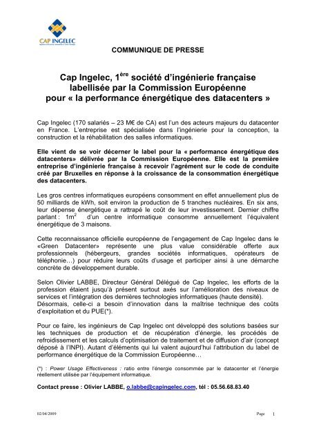 CommuniquÃ© Cap Ingelec Label EuropÃ©en