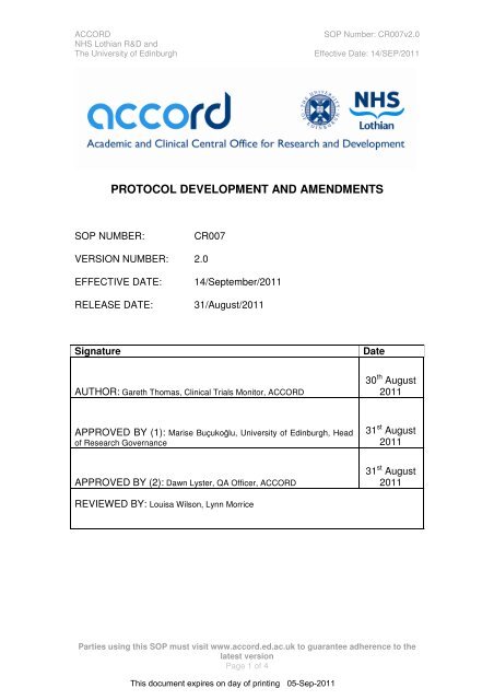 protocol development and amendments - Accord - University of ...