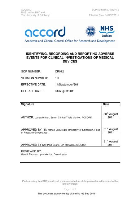 Identifying, recording and reporting AEs for clinical ... - Accord