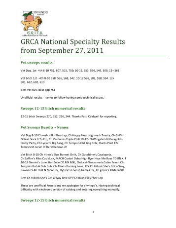 GRCA National Specialty Results from September 27, 2011