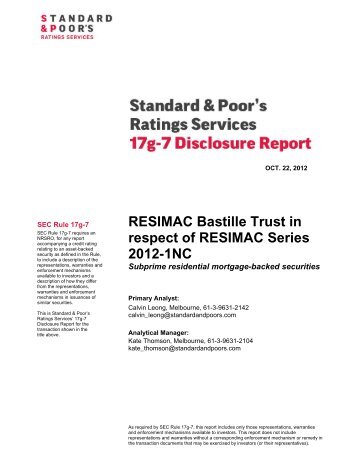 RESIMAC Bastille Trust in respect of RESIMAC Series 2012-1NC