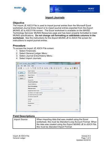 Import Journals Objective Procedure Field Descriptions