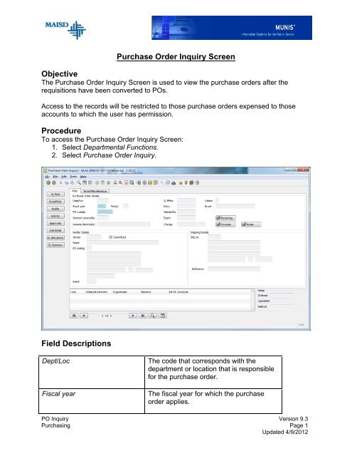 Purchase Order Inquiry Screen Objective Procedure Field Descriptions