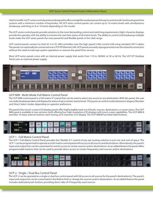 UCP Series Router Control Panels - Utah Scientific