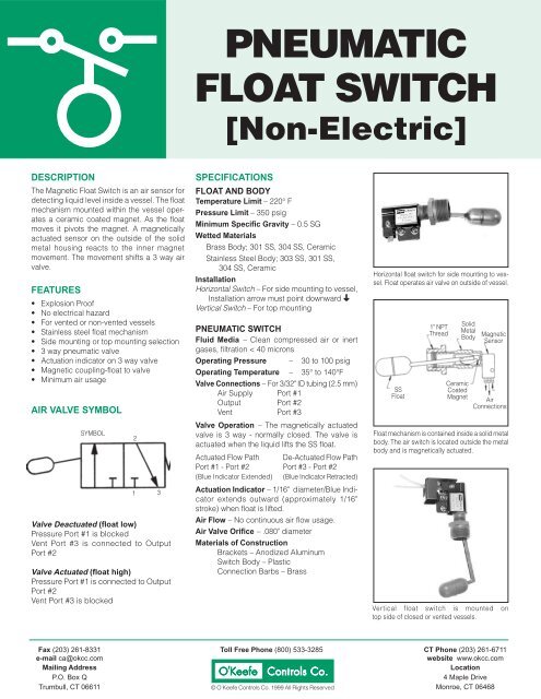 PNEUMATIC FLOAT SWITCH - O'Keefe Controls Inc