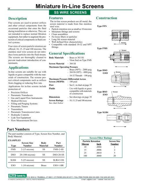 Miniature In-Line Screens - O'Keefe Controls Inc