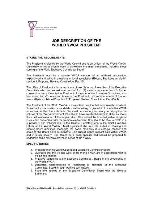 JOB DESCRIPTION OF THE WORLD YWCA PRESIDENT