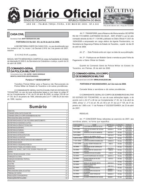 SumÃ¡rio - DiÃ¡rio Oficial - Governo do Estado do Tocantins