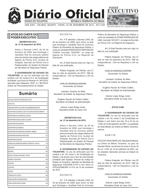 Sumário - Diário Oficial - Governo do Estado do Tocantins Sumário - Diário Oficial - Governo do Estado do Tocantins