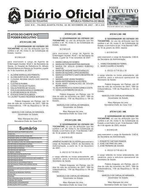 SumÃ¡rio - DiÃ¡rio Oficial - Governo do Estado do Tocantins