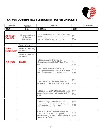 KAIROS OUTSIDE EXCELLENCE INITIATIVE CHECKLIST