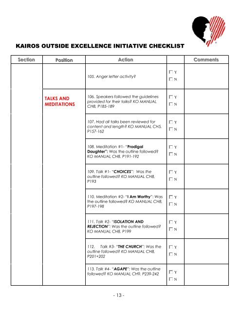 KAIROS OUTSIDE EXCELLENCE INITIATIVE CHECKLIST