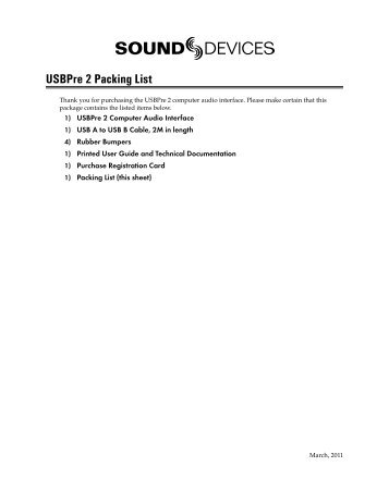 USBPre 2 Packing List - Sound Devices, LLC