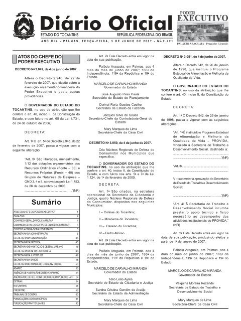 SumÃ¡rio - DiÃ¡rio Oficial - Governo do Estado do Tocantins