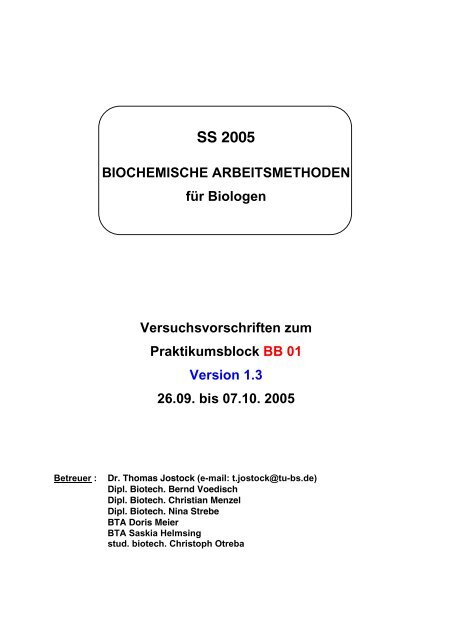 SS 2005 BIOCHEMISCHE ARBEITSMETHODEN für Biologen ...