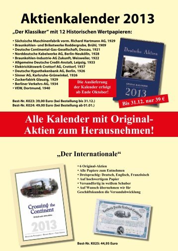 Aktienkalender 2012 mit Original-Wertpapieren - HWPH AG