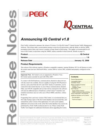 Release Notes: IQ Central v1.8 - Peek Traffic Corporation