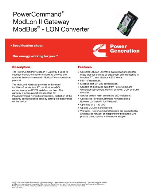 PowerCommand ModLon II Gateway ModBus - LON Converter