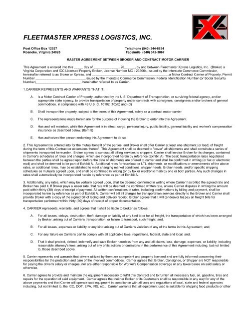 Master Agreement Between Broker And Contract Motor Carrier