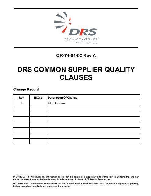 QR-74-04-02 Rev A DRS COMMON SUPPLIER QUALITY CLAUSES