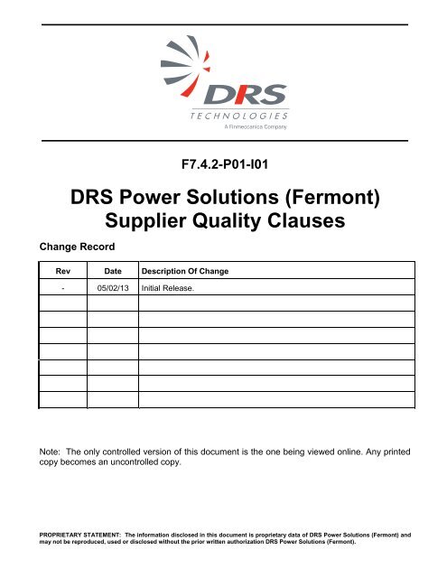 DRS Power Solutions (Fermont) Supplier Quality Clauses F7 4 2 ...
