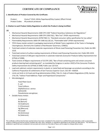 Paper COLD Certificate of Conformity & 3rd Party Test ... - Visstun