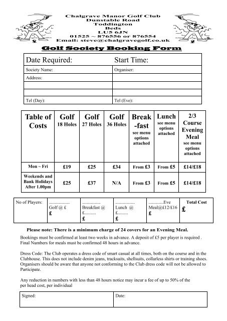 Golf Society Booking Form 2011 - Chalgrave Manor Golf Club