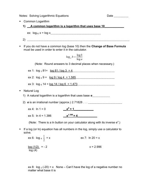 Notes: Solving Logarithmic Equations - wclark.k12.in.us